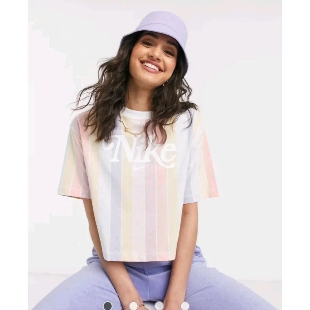 Nike‎ Womens 2X Cropped Tee Reverse Color Swoosh Logo Striped Retro